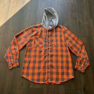 Orange and Gray Plaid Hooded Shirt